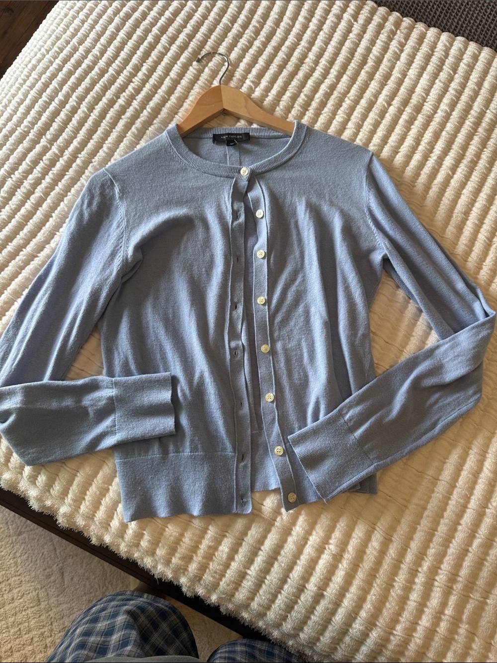 Ann Taylor Light Blue Crewneck Button-Front Cardigan
